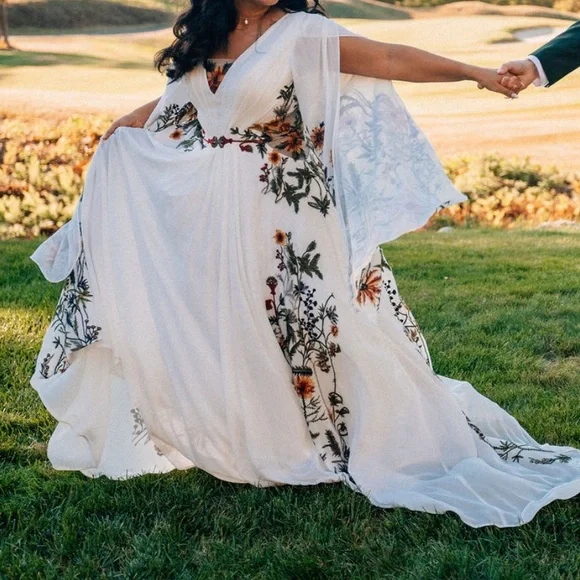 Ivory Embroidered Botanical Floral Dress | Flower Embroidery Wedding Dress - Picture 2 of 5